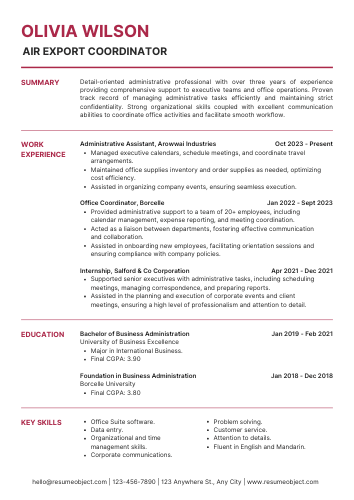 Air Export Coordinator Resume – Sample Format, Examples, Free Template