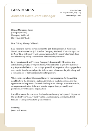 Assistant Restaurant Manager Cover Letter Examples, Sample Format