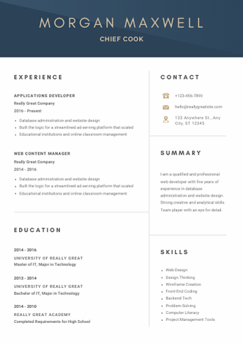 Chief Cook Resume Format, Objective Examples, Template