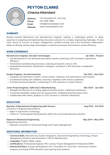 Cinema Attendant Resume Format, Objective Examples, Template