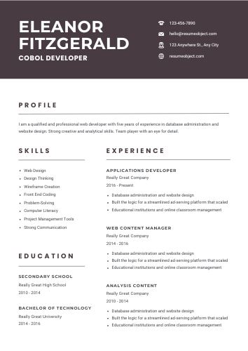 Cobol Developer Resume Format, Objective Examples, Template