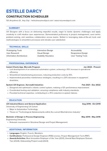 Construction Scheduler Resume Format, Objective Examples, Template
