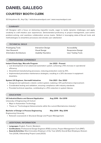 Courtesy booth clerk Resume Template, Summary, Skills, Examples