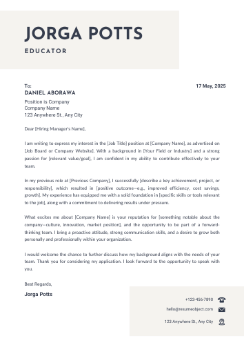 Educator Cover Letter Examples, Sample Format