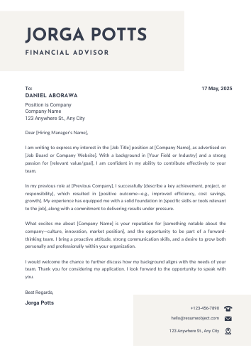 Financial Advisor Cover Letter Examples, Sample Format