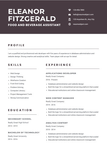 Food and Beverage Assistant Resume Format, Summary, Skills, Duties