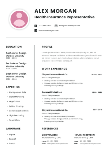 Health Insurance Representative Resume Format, Summary, Skills, Duties