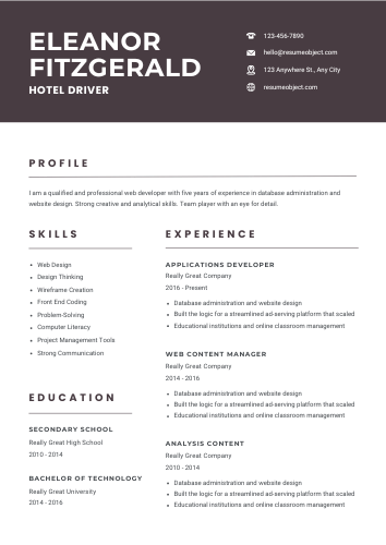 Hotel Driver Resume Format, Summary, Skills, Duties