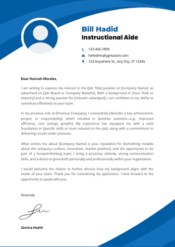 Instructional Aide Cover Letter Examples, Sample Format