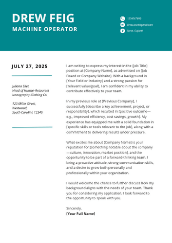 Machine Operator Cover Letter Examples, Sample Format