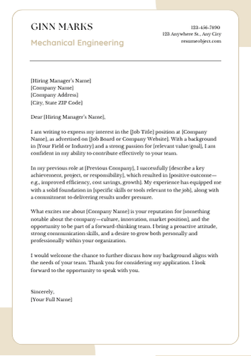 Mechanical Engineering Cover Letter Examples, Sample Format