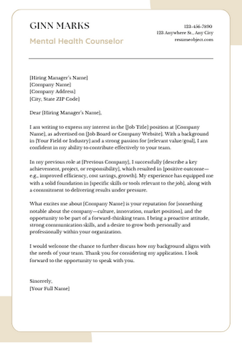 Mental Health Counselor Cover Letter Examples, Sample Format