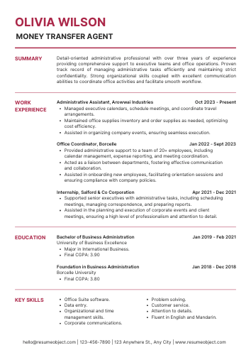 Money Transfer Agent Resume Examples & Download Free Template