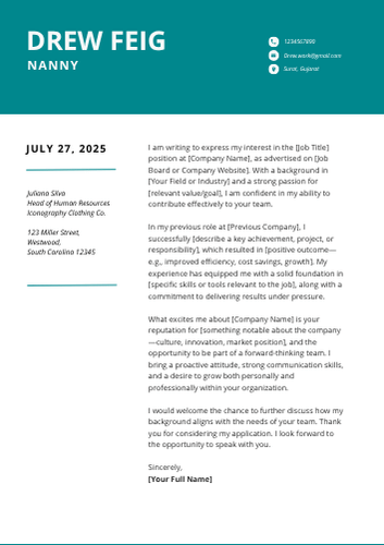 Nanny Cover Letter Examples, Sample Format