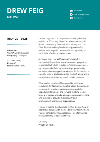 Nurse Cover Letter Examples, Sample Format