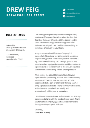 Paralegal Assistant Cover Letter Examples, Sample Format