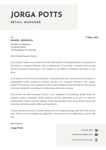 Retail Manager Cover Letter Examples, Sample Format