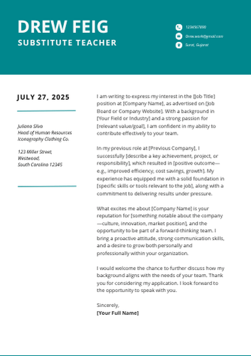 Substitute Teacher Cover Letter Examples, Sample Format