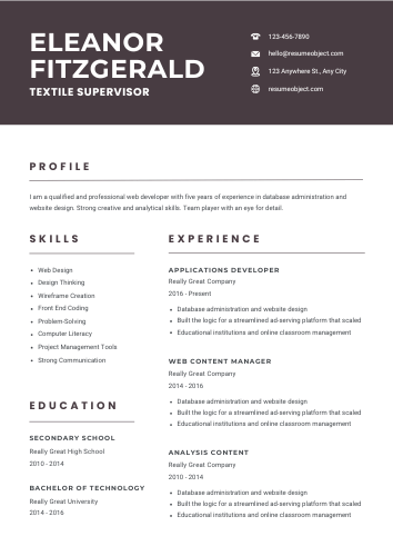 Textile Supervisor Resume – Free Template, 30+ Examples