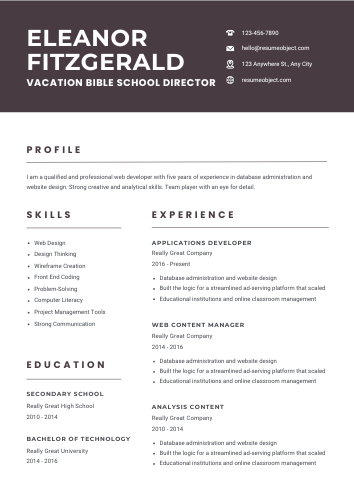 Vacation Bible School Director Resume
